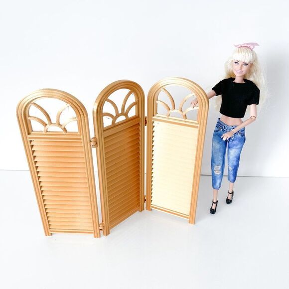 3-Panel Gold Screen for Dolls 1:6 Scale Furniture 12” Barbie Integrity Blythe - Picture 2 of 5